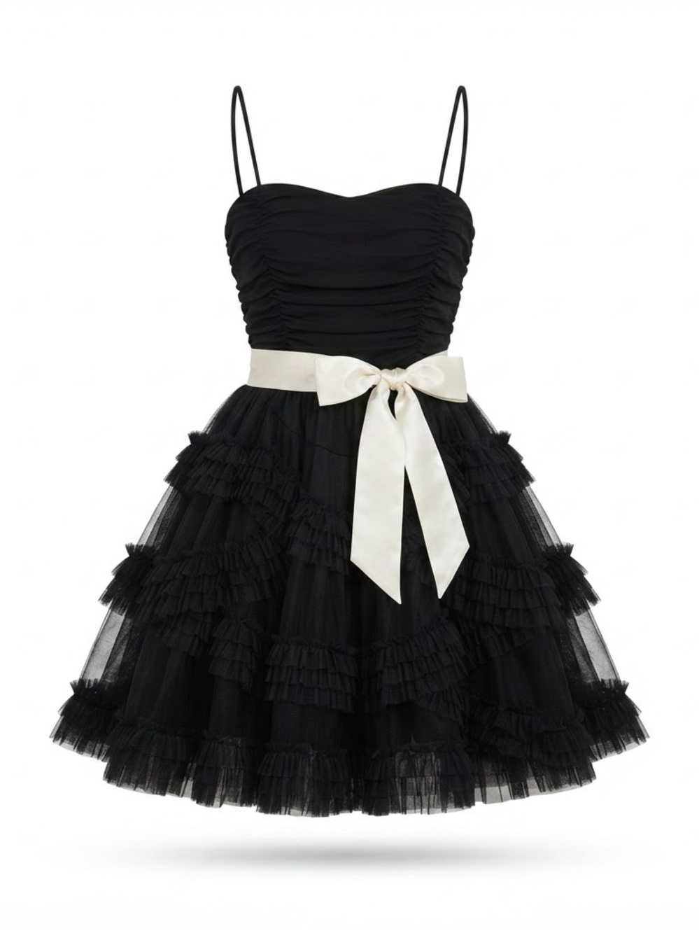 Masquerade Black Tulle Mini Dress with Cream Satin Bow